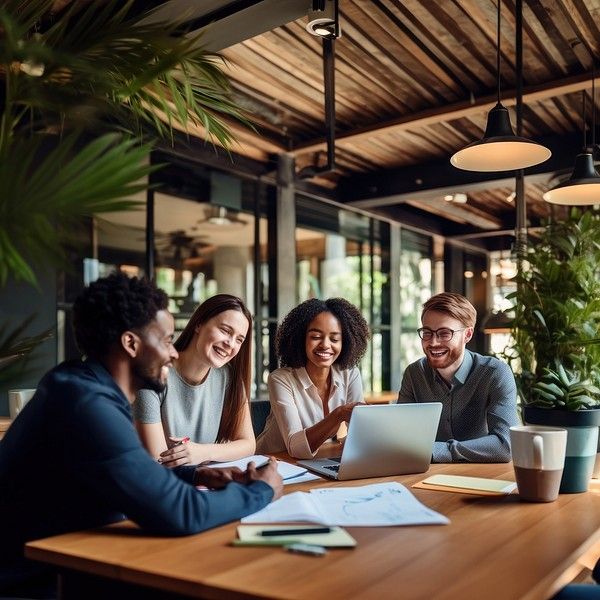 Team members collaborating in a bright modern office with ergonomic workstations