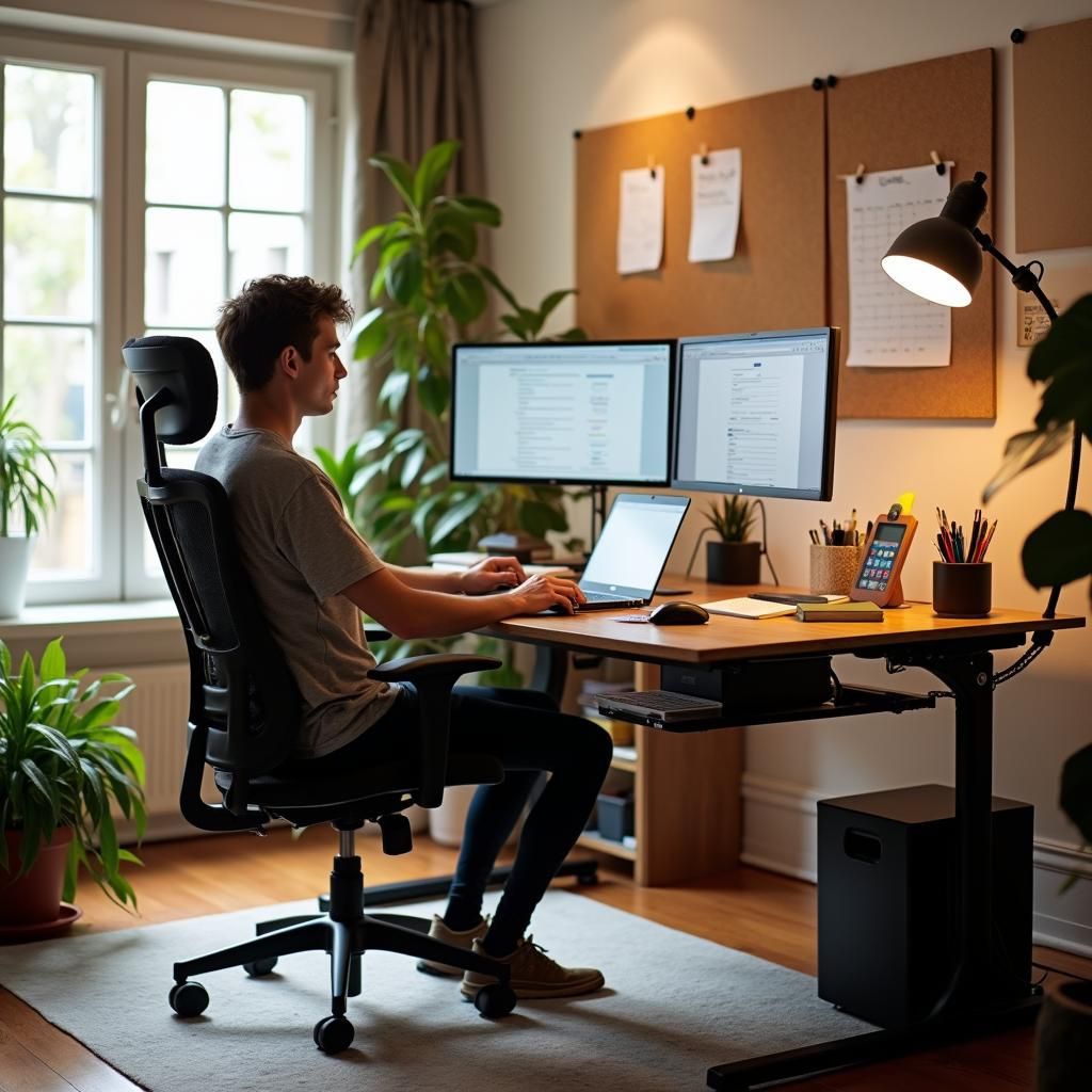 Ergonomic office workstation with adjustable chair, monitor at eye level, and natural lighting